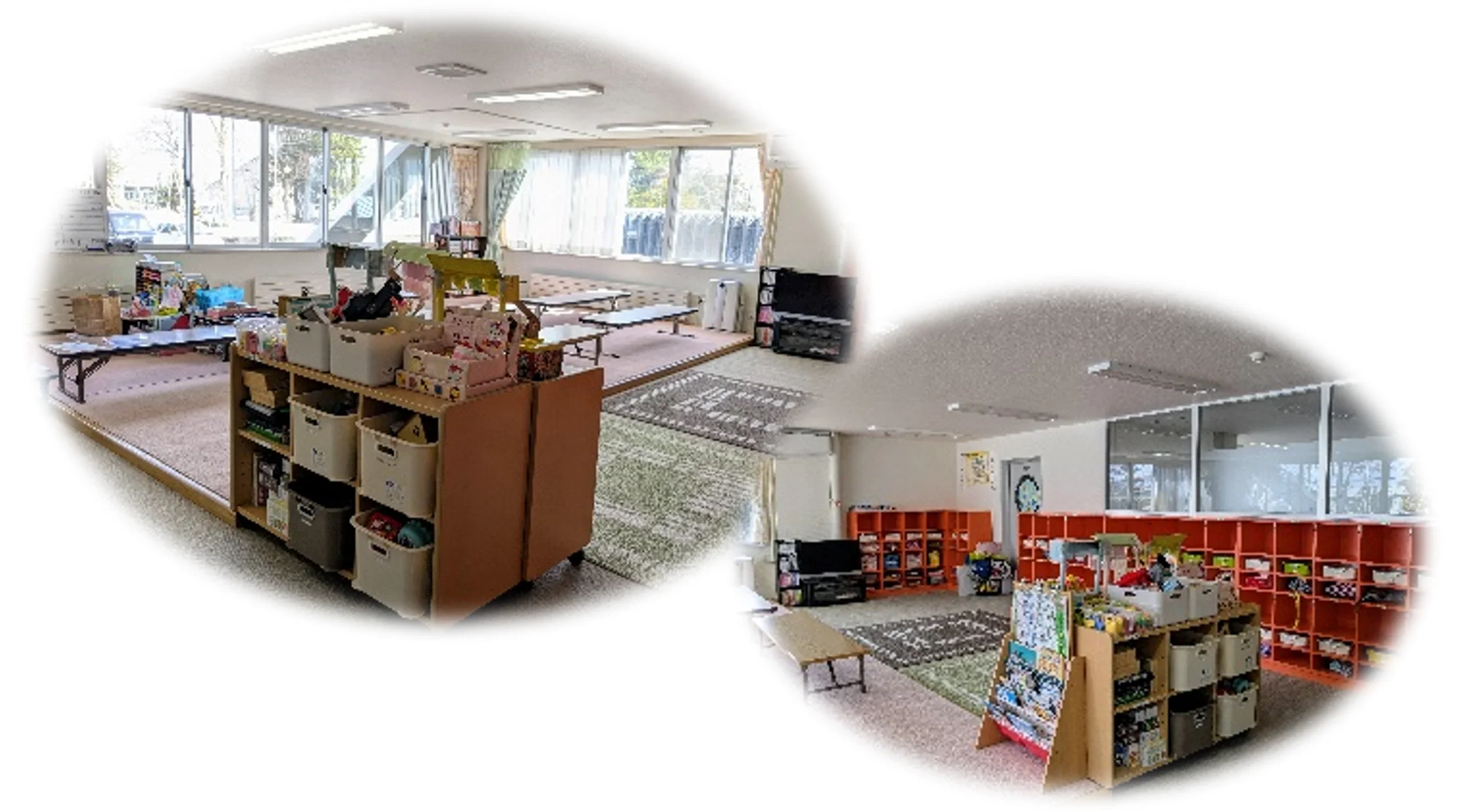学童保育元気っこクラブ施設内部の様子。明るい光が差し込む室内に、遊具や絵本が置かれている。