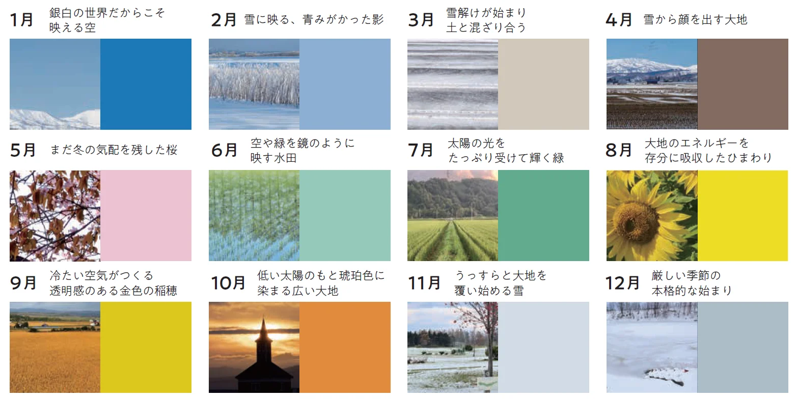 北竜町の12か月のイメージ画像とロゴに使われた色の一覧表。1月は白銀の世界だからこそ映える空、2月は雪に映る青みがかった影、3月は雪解けが始まり土と混ざり合う、4月は雪から顔を出す大地、5月はまだ冬の気配を残した桜、6月は空や緑を鏡のように映す水田、7月は太陽の光をたっぷり受けて輝く緑、8月は太陽のエネルギーを存分に吸収したひまわり、9月は埋めたい空気がつくる透明感のある金色の稲穂、10月は低い太陽のもとに琥珀色に染まる広い大地、11月はうっすらと大地を覆い始める雪、12月は厳しい季節の本格的な始まり、これらをそれぞれ表現した色が、12か月のイメージカラーとして配置されている。
